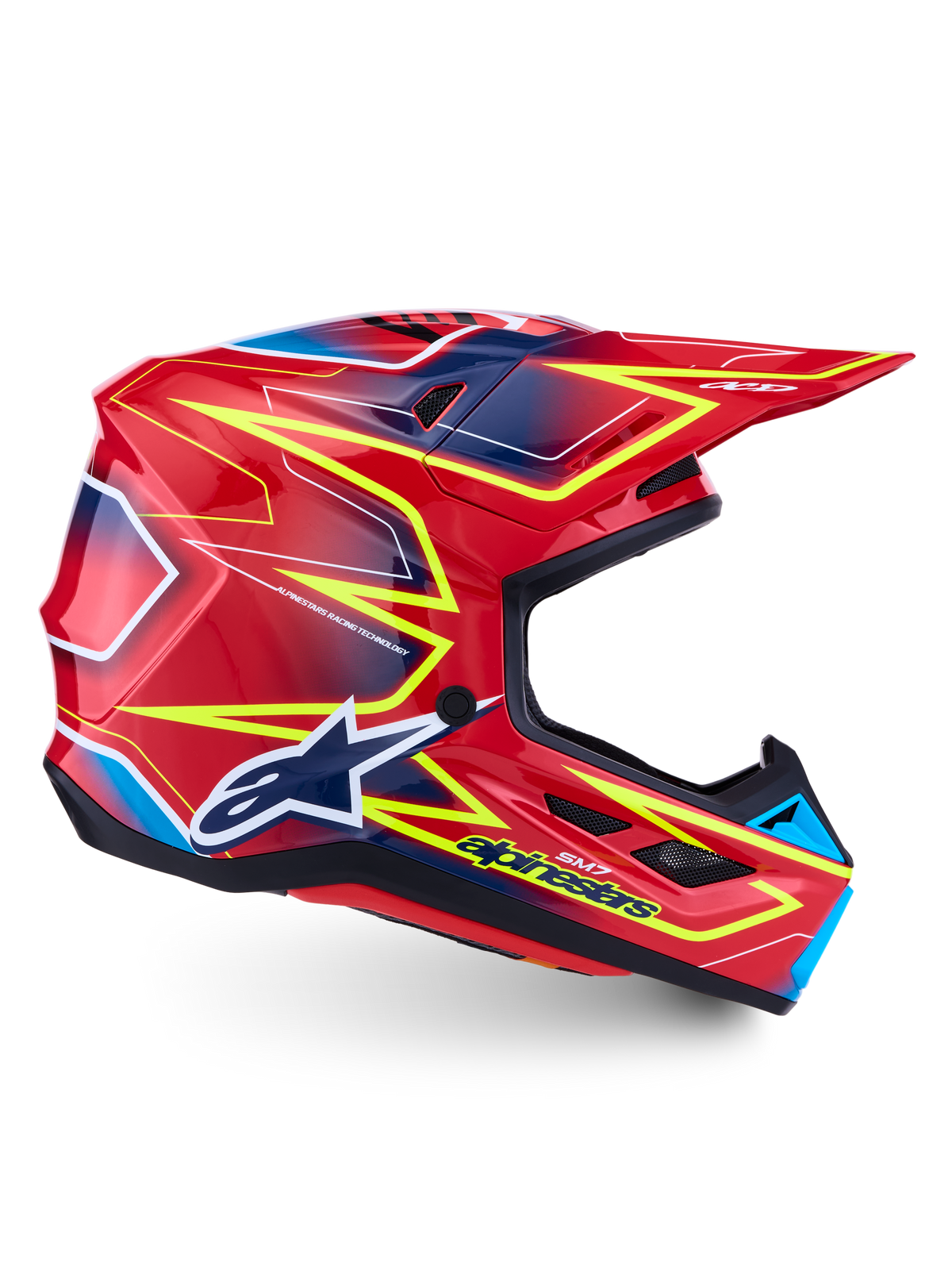 Alpinestars S-M7 Cast, casque de motocross, rouge brillant, jaune fluo et bleu, certifié ECE 22.06, coque aérodynamique.