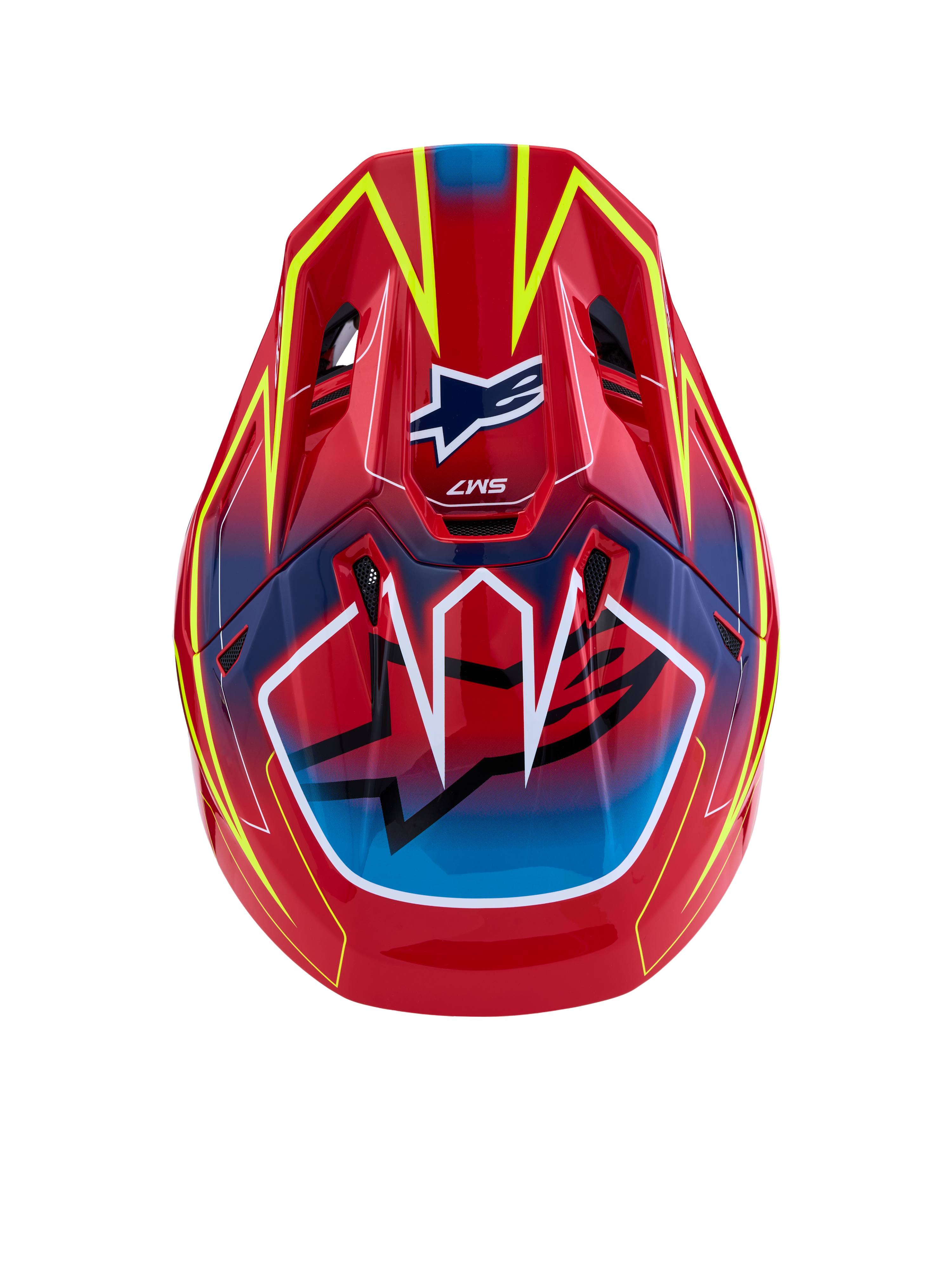 Alpinestars S-M7 Cast Helmet ECE06, Motocross Helmet, Red Yellow Fluo and Blue Glossy, ECE 22.06 certified composite, top view.