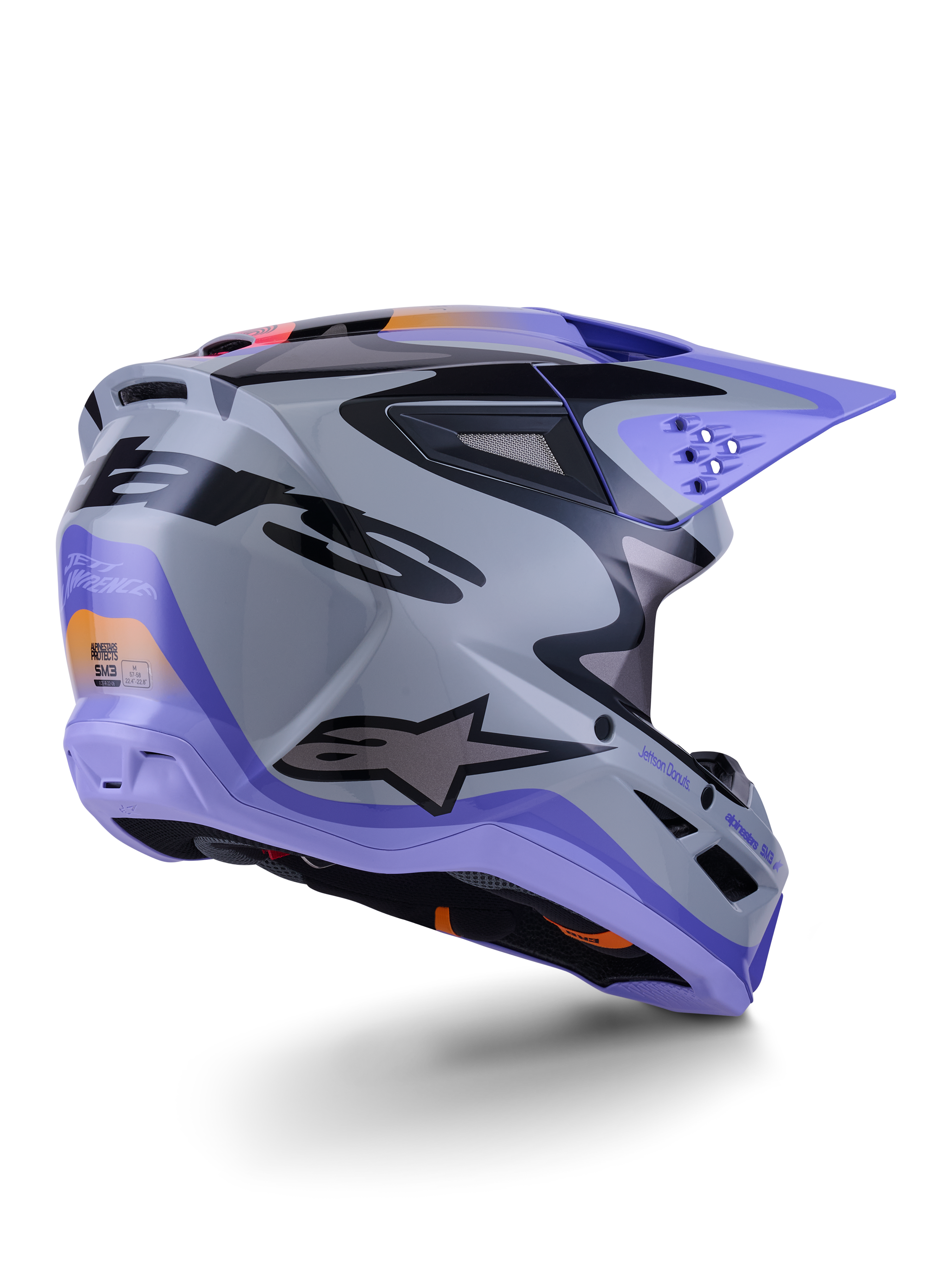 Alpinestars S-M3 Jettson Helmet ECE 22.06, Motocross Helmet, Gray Purple and Black Glossy, rear three-quarter view showing aerodynamic thermo-injected shell with ventilation ports and bold graphic design