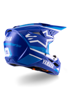 Casque Alpinestars Yamaha S-M3 ECE 22.06, casque de motocross, bleu et blanc brillant, avec logos Yamaha et Alpinestars, logo étoile blanche sur le côté, multiples aérations d'entrée et d'extraction d'air, design aérodynamique pour la performance tout-terrain