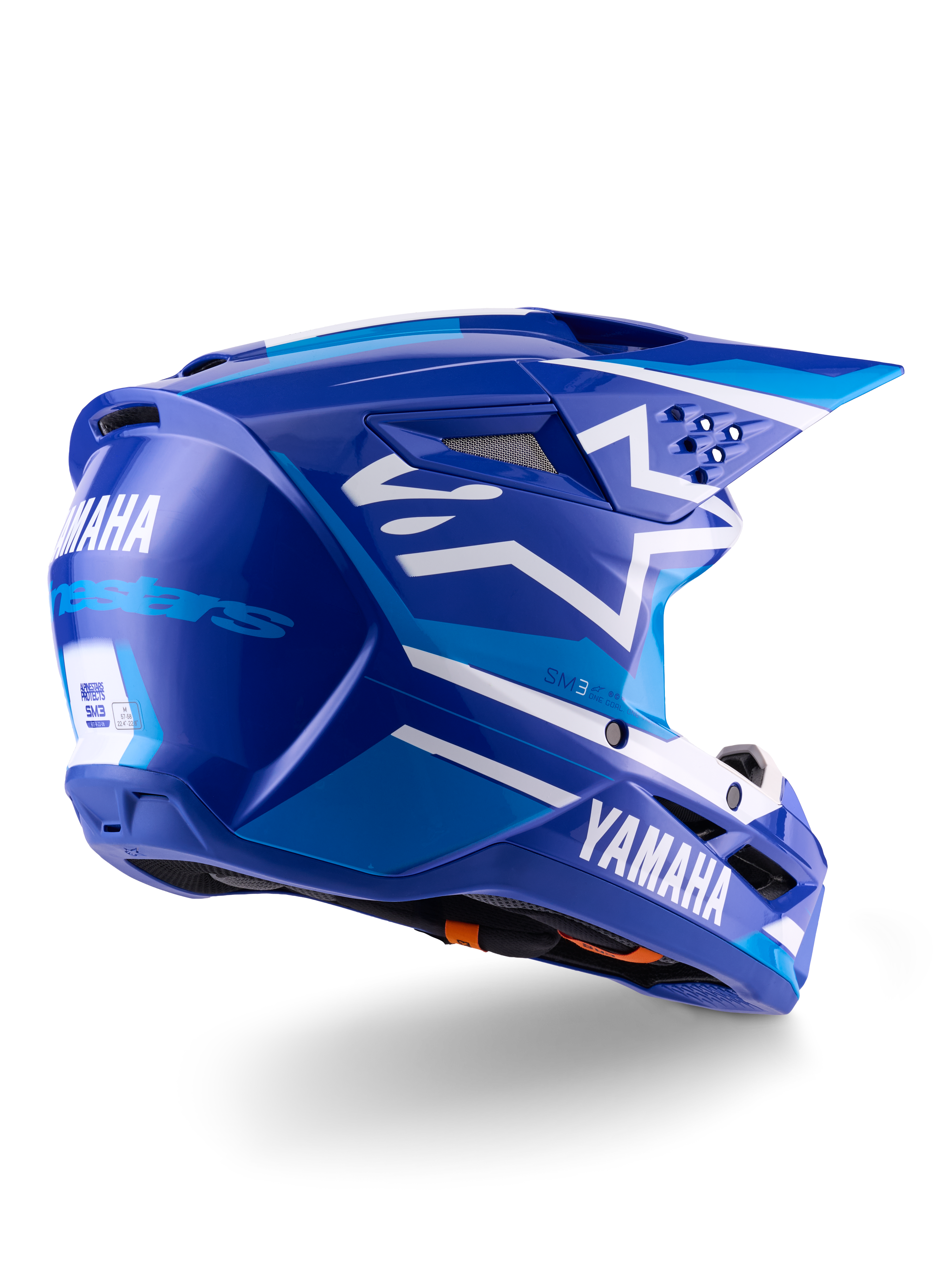 Casque Alpinestars Yamaha S-M3 ECE 22.06, casque de motocross, bleu et blanc brillant, avec logos Yamaha et Alpinestars, logo étoile blanche sur le côté, multiples aérations d'entrée et d'extraction d'air, design aérodynamique pour la performance tout-terrain