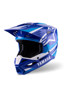 Casque Alpinestars Yamaha S-M3, casque de motocross, bleu et blanc brillant, arborant le marquage Yamaha et le logo étoile Alpinestars, design angulaire avec visière et mentonnière ventilée, équipement de course tout-terrain professionnel