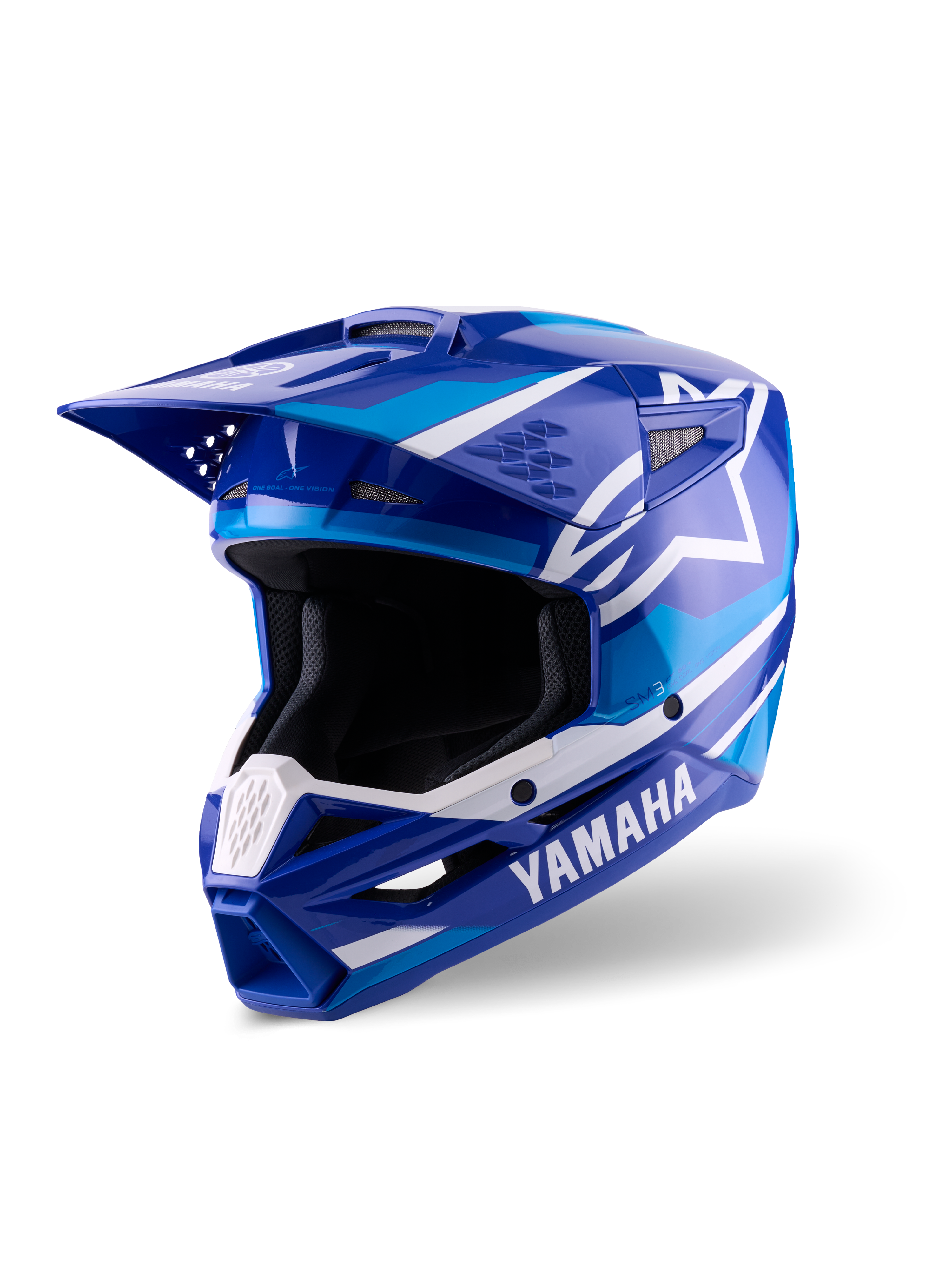 Casque Alpinestars Yamaha S-M3, casque de motocross, bleu et blanc brillant, arborant le marquage Yamaha et le logo étoile Alpinestars, design angulaire avec visière et mentonnière ventilée, équipement de course tout-terrain professionnel