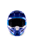 Casque Yamaha S-M3 ECE 22.06, casque de motocross, bleu et blanc brillant, vue de face mettant en évidence la mentonnière de protection avec logo Yamaha et multiples ports de ventilation.