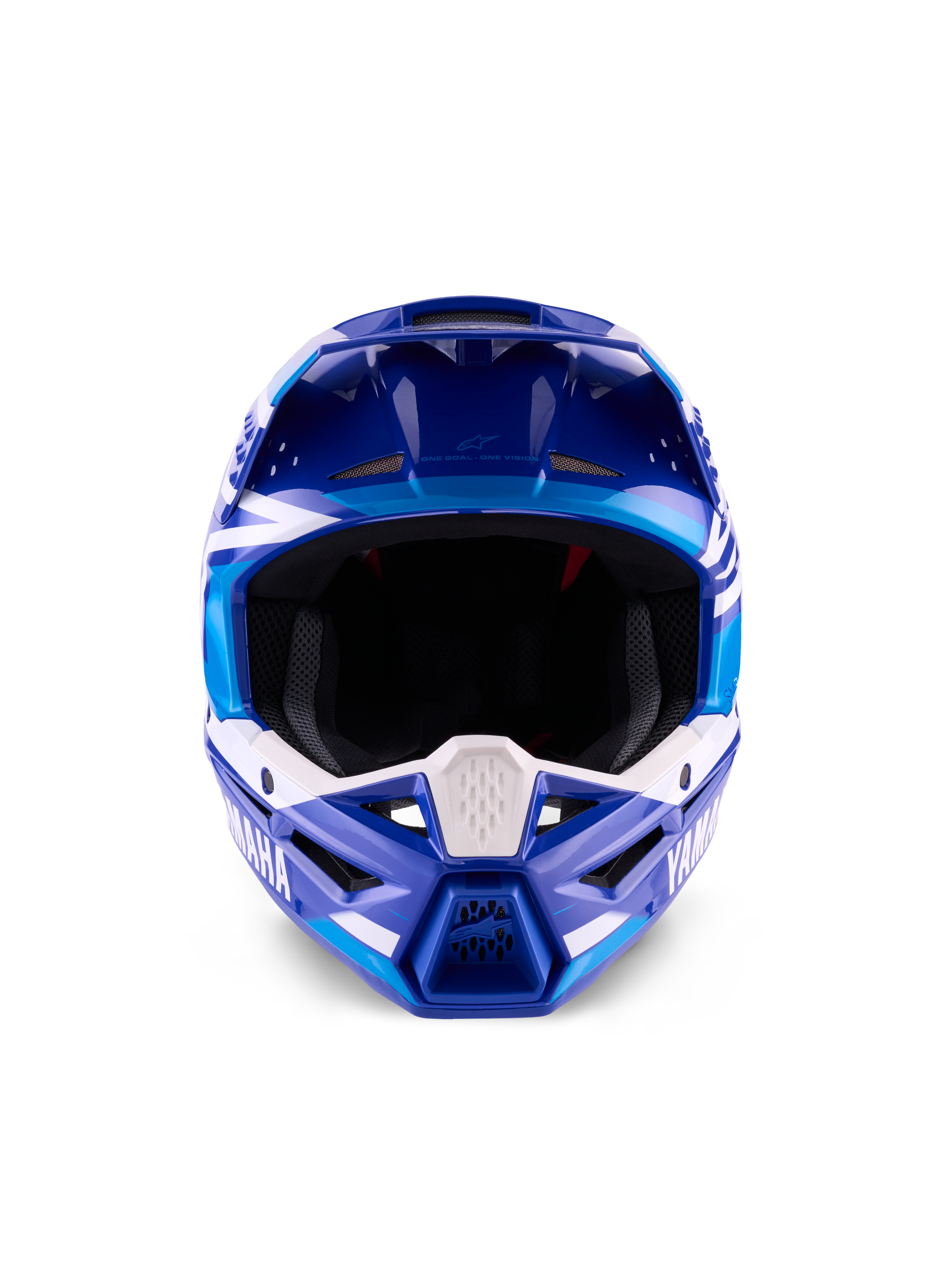 Casque Yamaha S-M3 ECE 22.06, casque de motocross, bleu et blanc brillant, vue de face mettant en évidence la mentonnière de protection avec logo Yamaha et multiples ports de ventilation.
