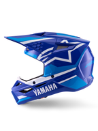 Casque Alpinestars Yamaha S-M3, casque de motocross, bleu et blanc brillant, vue de profil présentant le marquage Yamaha sur la mentonnière et le logo étoile Alpinestars, coque aérodynamique avec ports de ventilation pour la course tout-terrain
