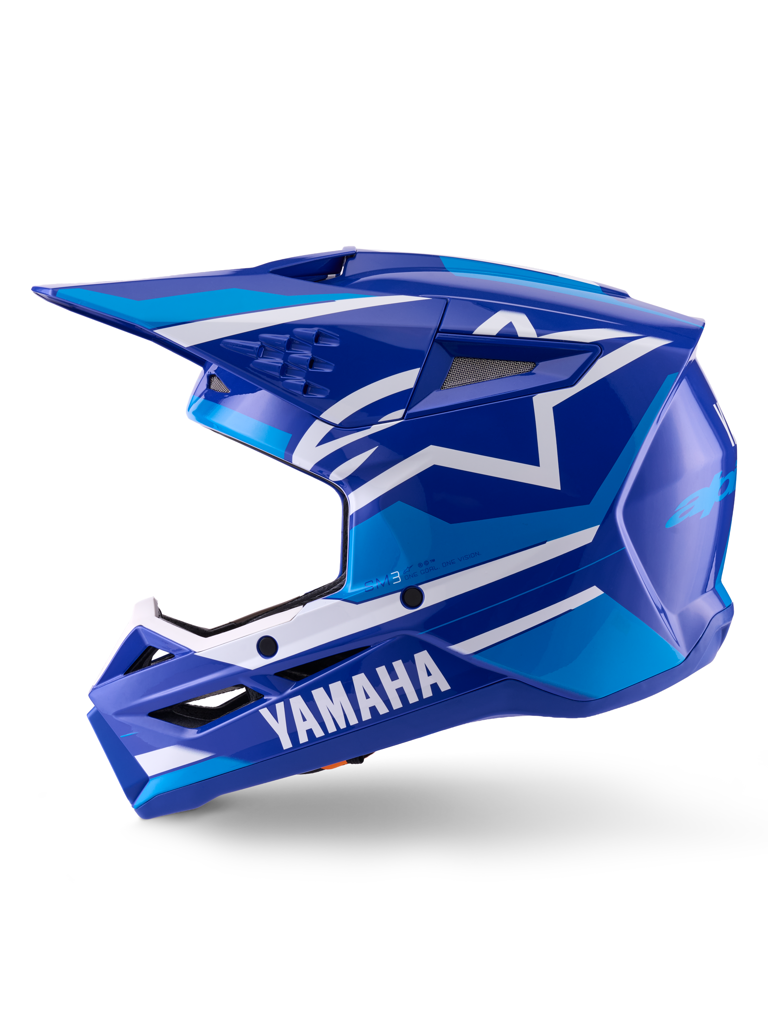Casque Alpinestars Yamaha S-M3, casque de motocross, bleu et blanc brillant, vue de profil présentant le marquage Yamaha sur la mentonnière et le logo étoile Alpinestars, coque aérodynamique avec ports de ventilation pour la course tout-terrain