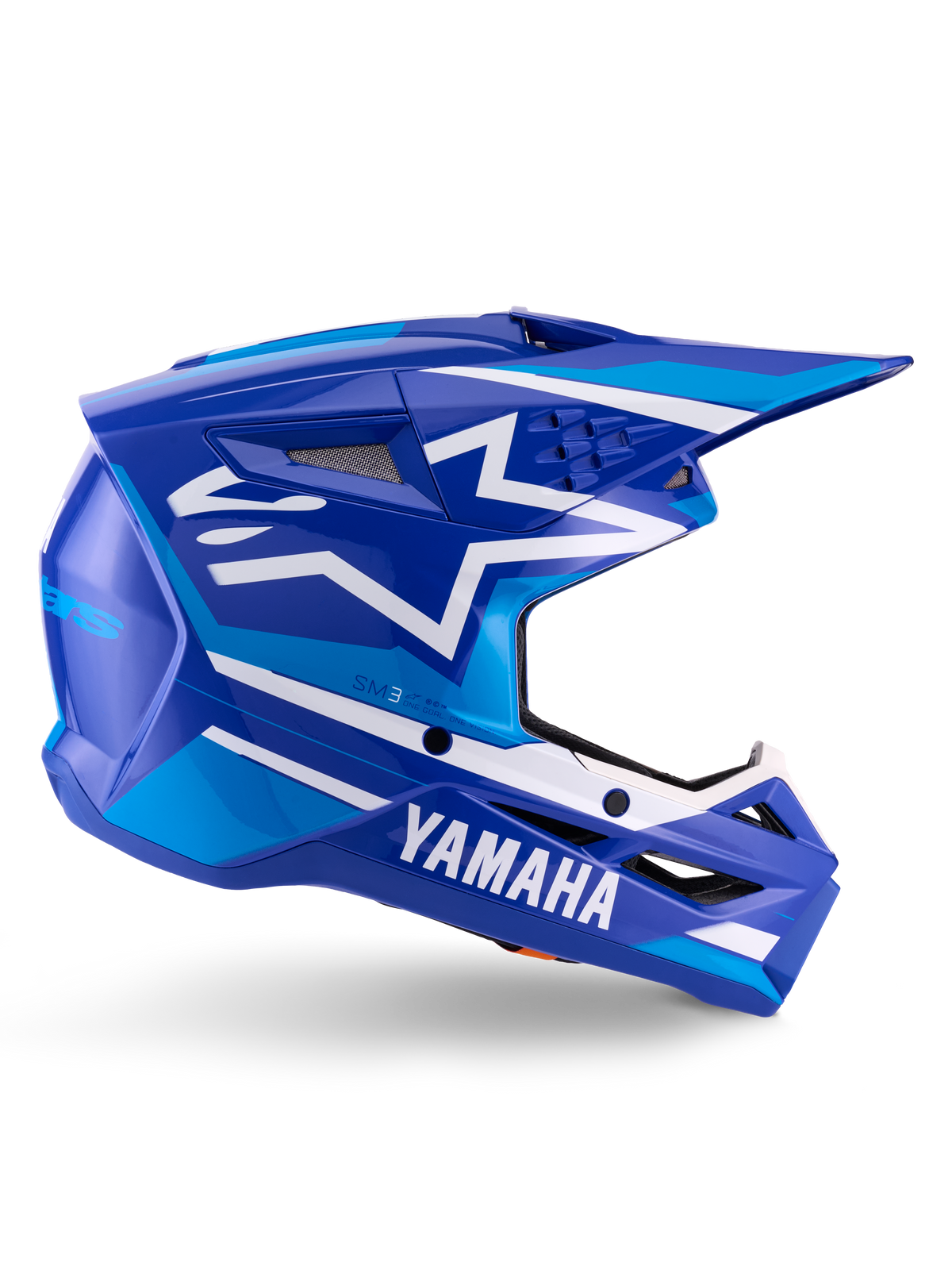 Alpinestars Yamaha S-M3 Helmet ECE 22.06, casque de motocross, bleu et blanc brillant, avec logo Yamaha et motifs géométriques, design aérodynamique avec aérations en mesh noir et visière pointue, équipement tout-terrain professionnel