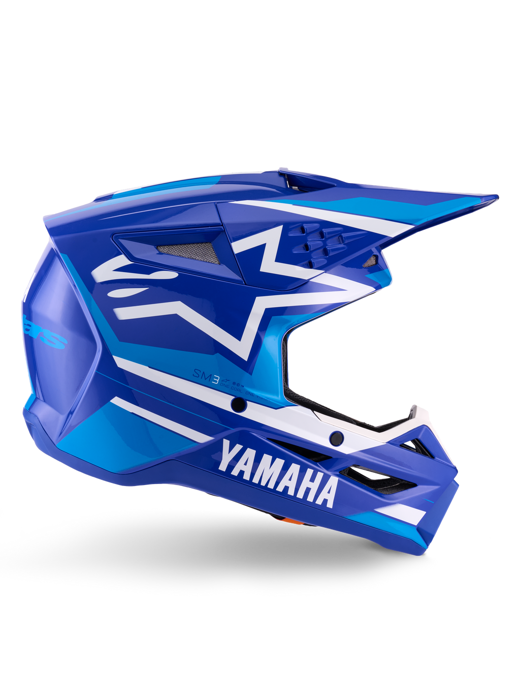 Alpinestars Yamaha S-M3 Helmet ECE 22.06, casque de motocross, bleu et blanc brillant, avec logo Yamaha et motifs géométriques, design aérodynamique avec aérations en mesh noir et visière pointue, équipement tout-terrain professionnel