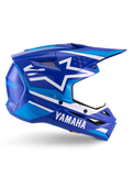 Alpinestars Yamaha S-M3 Helmet ECE 22.06, casque de motocross, bleu et blanc brillant, avec logo Yamaha et motifs géométriques, design aérodynamique avec aérations en mesh noir et visière pointue, équipement tout-terrain professionnel
