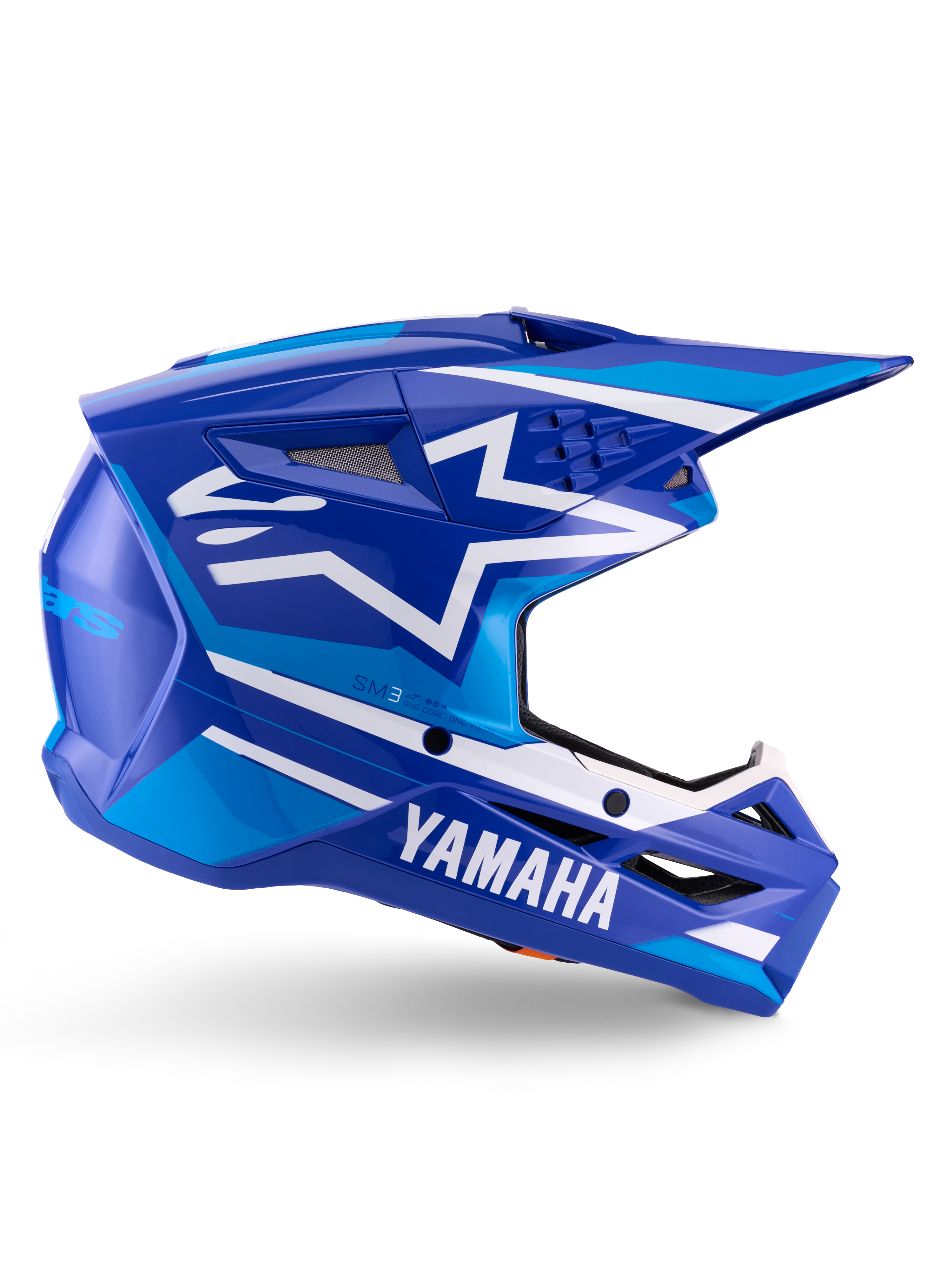Alpinestars Yamaha S-M3 Helmet ECE 22.06, casque de motocross, bleu et blanc brillant, avec logo Yamaha et motifs géométriques, design aérodynamique avec aérations en mesh noir et visière pointue, équipement tout-terrain professionnel