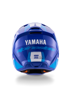 Casque Alpinestars Yamaha S-M3, casque de motocross, bleu et blanc brillant, vue arrière montrant le logo YAMAHA blanc et l'inscription Alpinestars bleue, finition brillante élégante avec ports de ventilation et étiquettes de certification de sécurité.