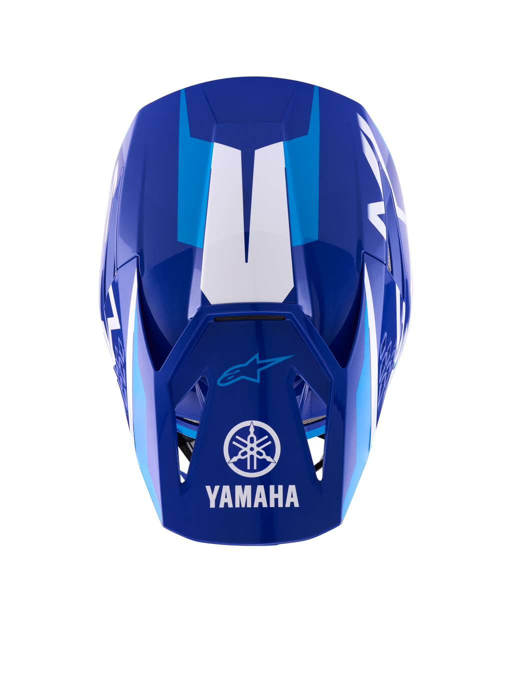 Casque Alpinestars Yamaha S-M3, casque de motocross, bleu et blanc brillant, vue de dessus montrant la visière avec le logo et le lettrage Yamaha blancs, des accents graphiques bleu clair et une coque au design aérodynamique agressif.
