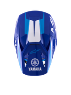 Casque Alpinestars Yamaha S-M3, casque de motocross, bleu et blanc brillant, vue de dessus montrant la visière avec le logo et le lettrage Yamaha blancs, des accents graphiques bleu clair et une coque au design aérodynamique agressif.