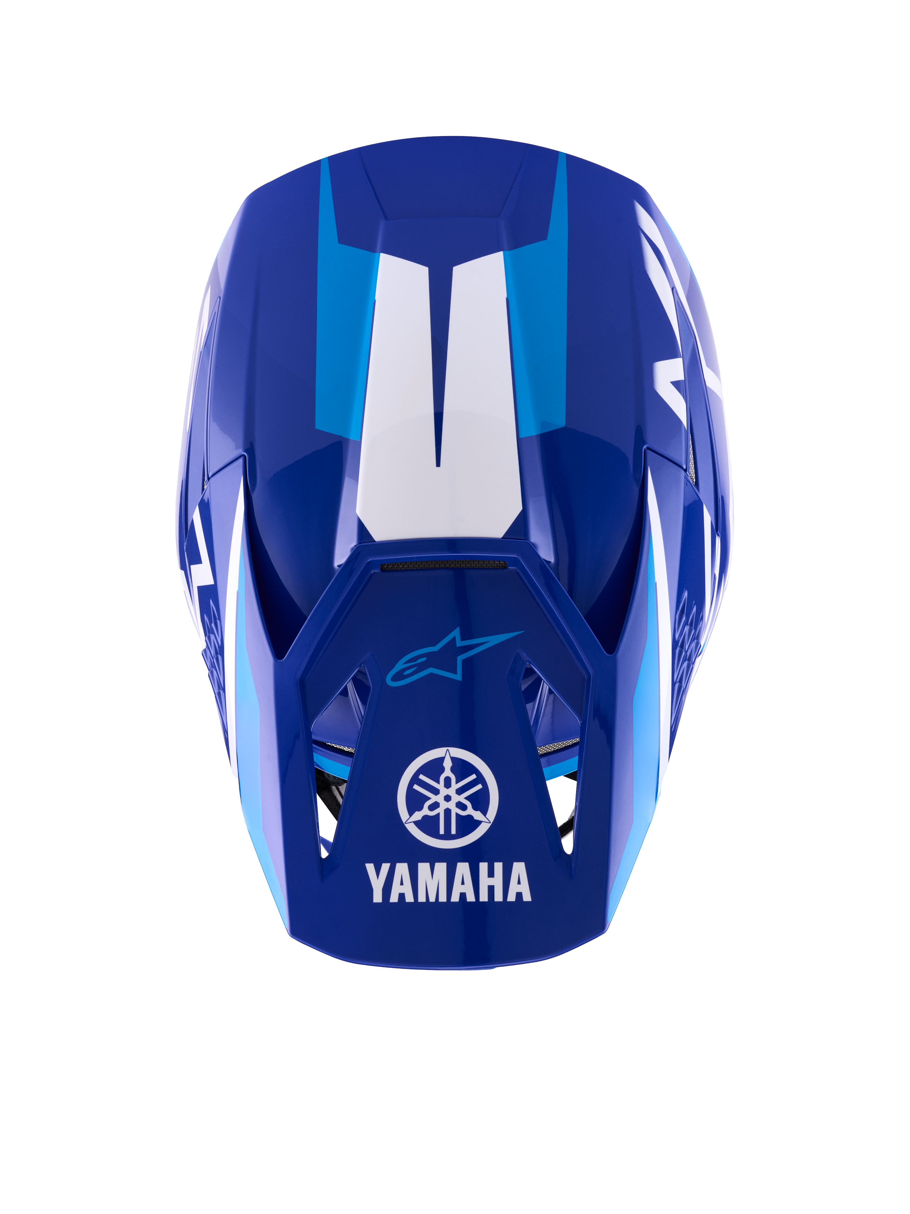 Casque Alpinestars Yamaha S-M3, casque de motocross, bleu et blanc brillant, vue de dessus montrant la visière avec le logo et le lettrage Yamaha blancs, des accents graphiques bleu clair et une coque au design aérodynamique agressif.