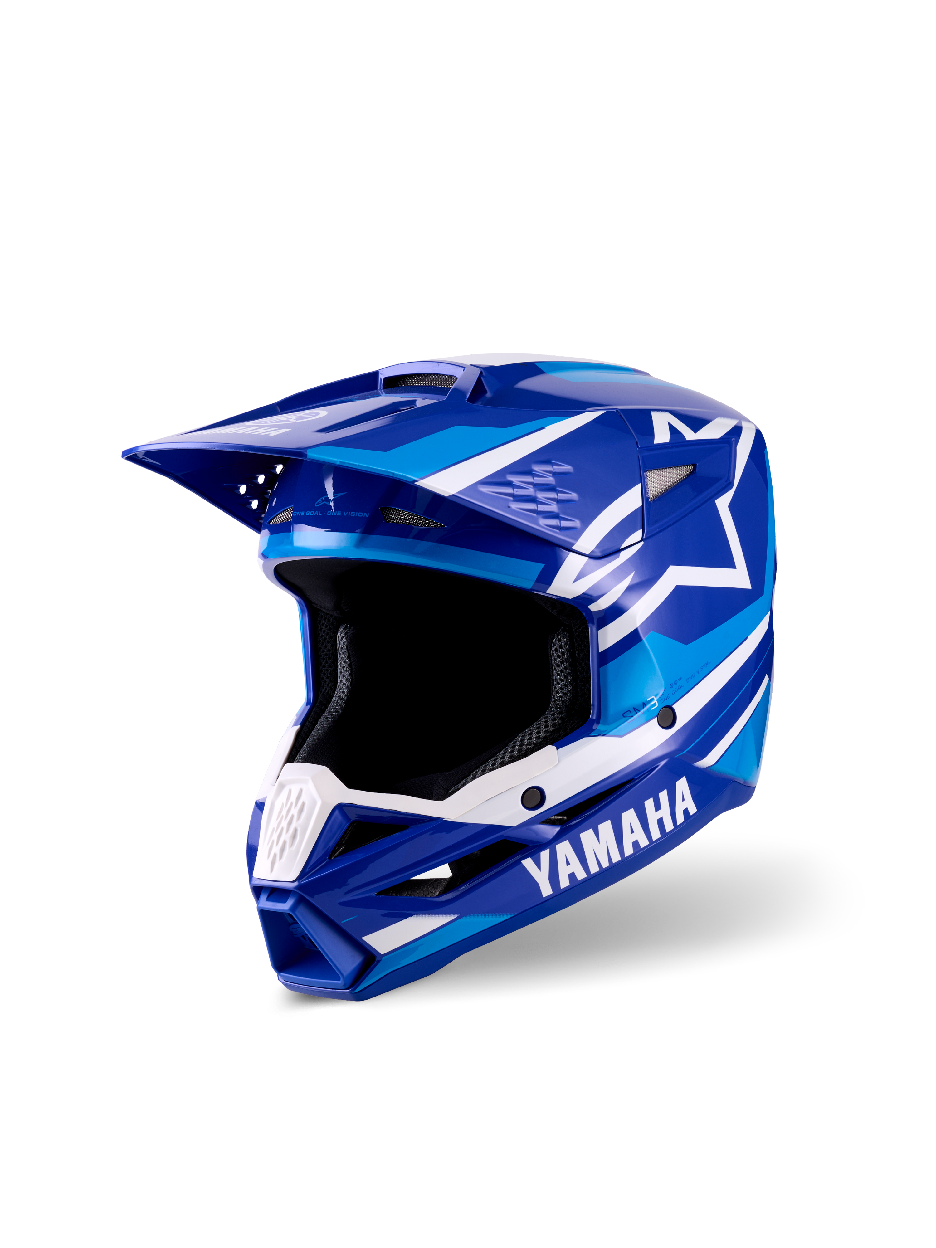 Alpinestars Yamaha S-M3 Youth Motocross Helmet, Blue and White Glossy finish, featuring prominent Yamaha and Alpinestars logos, aerodynamic visor design, wide eye port, and ventilated chin bar for off-road racing performance.