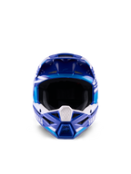 Alpinestars Yamaha S-M3 Youth Motocross Helmet, Blue and White Glossy, front-facing view highlighting the wide eye port and aggressive chin bar design, features Yamaha branding and geometric graphics, professional off-road head protection for young riders
