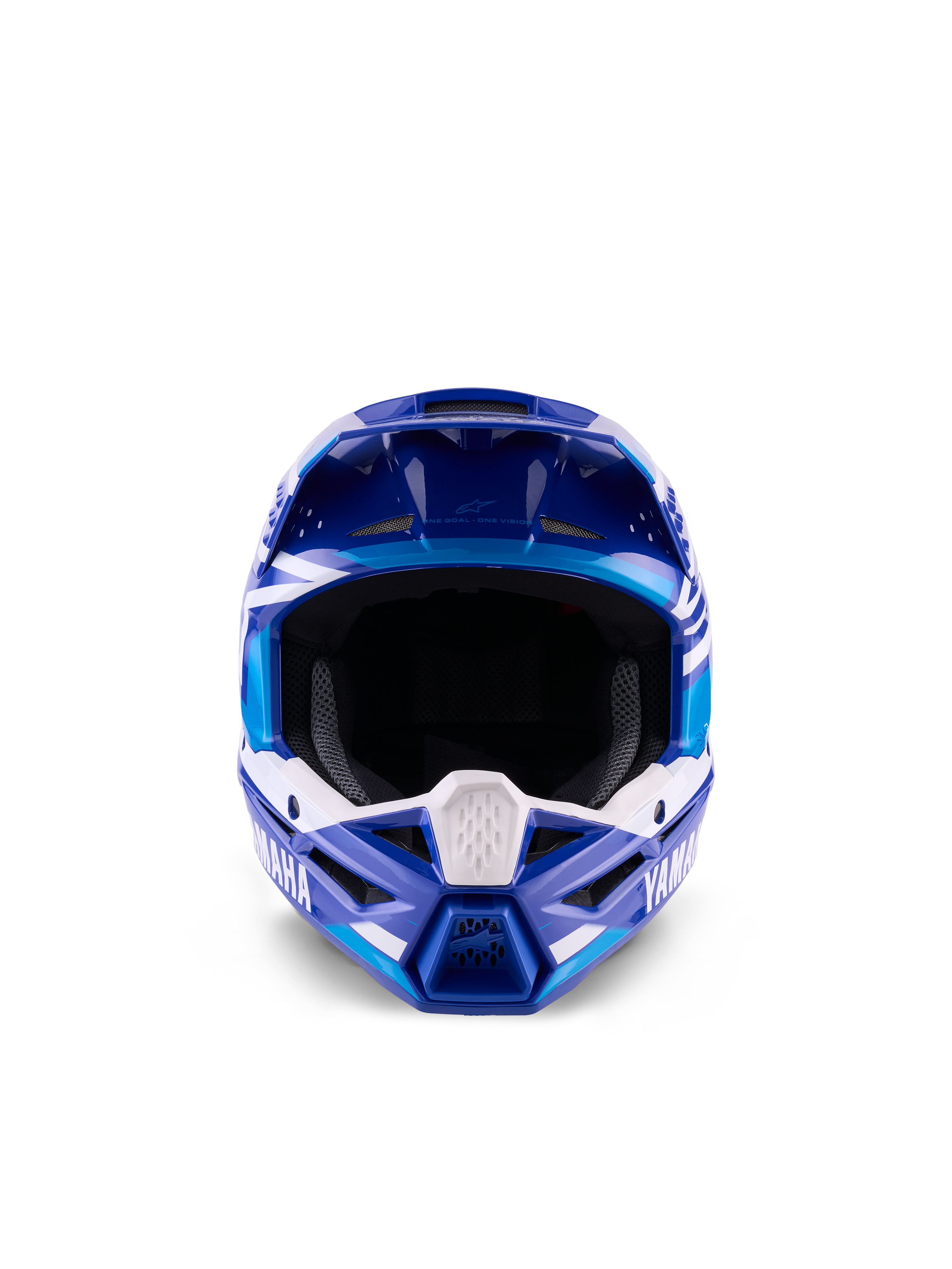 Alpinestars Yamaha S-M3 Youth Motocross Helmet, Blue and White Glossy, front-facing view highlighting the wide eye port and aggressive chin bar design, features Yamaha branding and geometric graphics, professional off-road head protection for young riders
