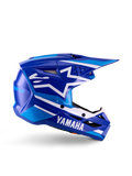 Yamaha S-M3 Youth Motocross Helmet, Blue and White Glossy, side profile view featuring bold Yamaha branding and Alpinestars star logo, geometric design with light blue accents, ventilated shell with long visor, ECE 22.06 certified off-road head protection