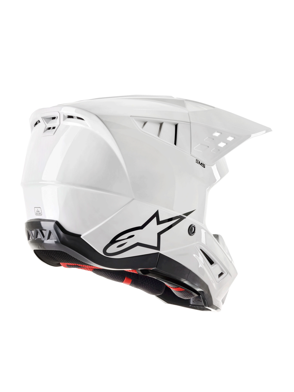 Alpinestars S-M5 Solid Helmet ECE 22.06, casque de motocross, blanc brillant, vue de trois-quarts arrière avec logo Astars noir, extracteurs d'air intégrés et coque au design aérodynamique épuré