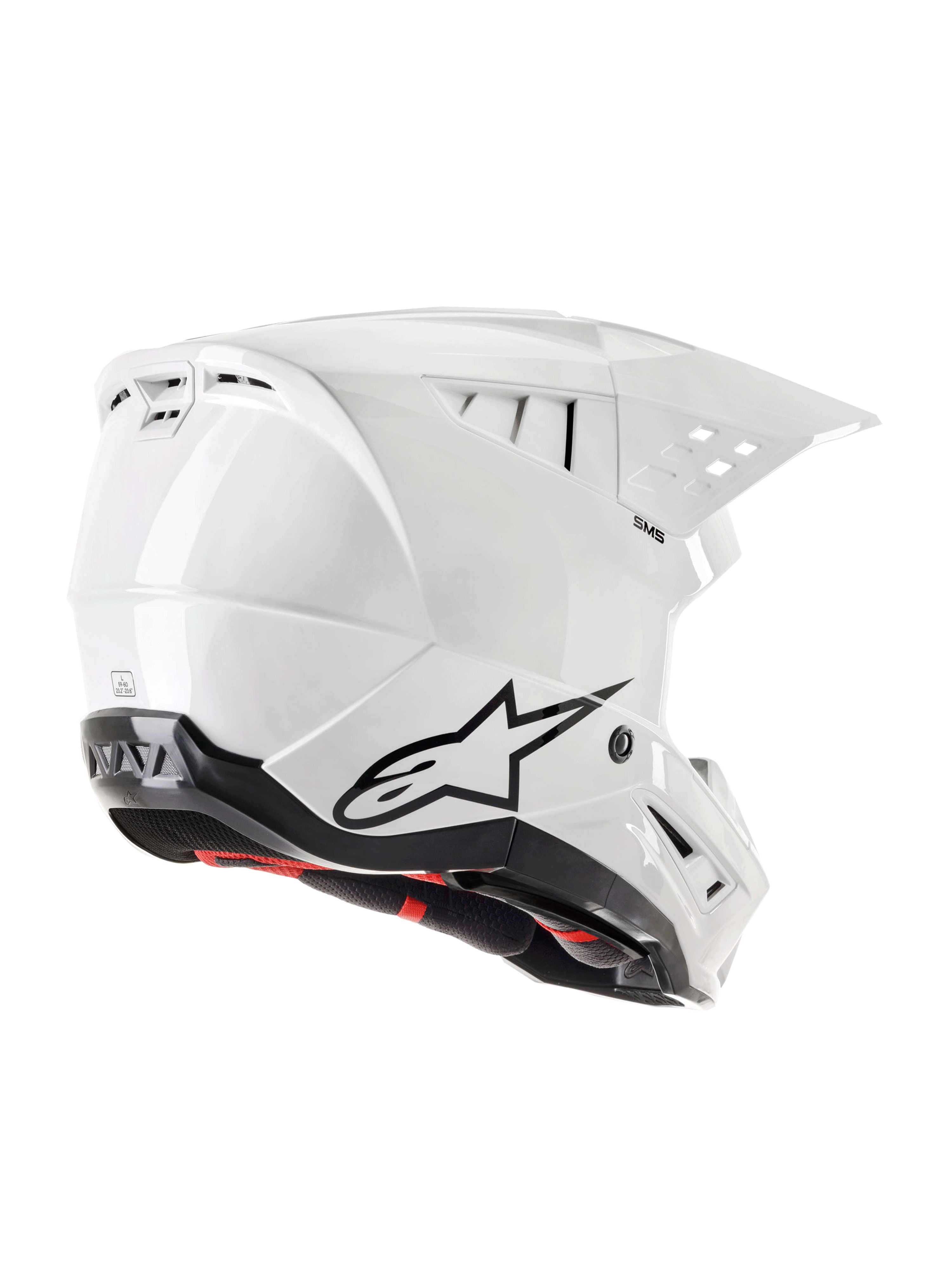 Alpinestars S-M5 Solid Helmet ECE 22.06, casque de motocross, blanc brillant, vue de trois-quarts arrière avec logo Astars noir, extracteurs d'air intégrés et coque au design aérodynamique épuré