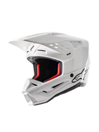 Casque Alpinestars S-M5 Solid ECE 22.06, casque de motocross, blanc brillant, avec rembourrage intérieur rouge, logo Alpinestars noir, visière aérodynamique et multiples ports de ventilation pour une protection optimale en tout-terrain