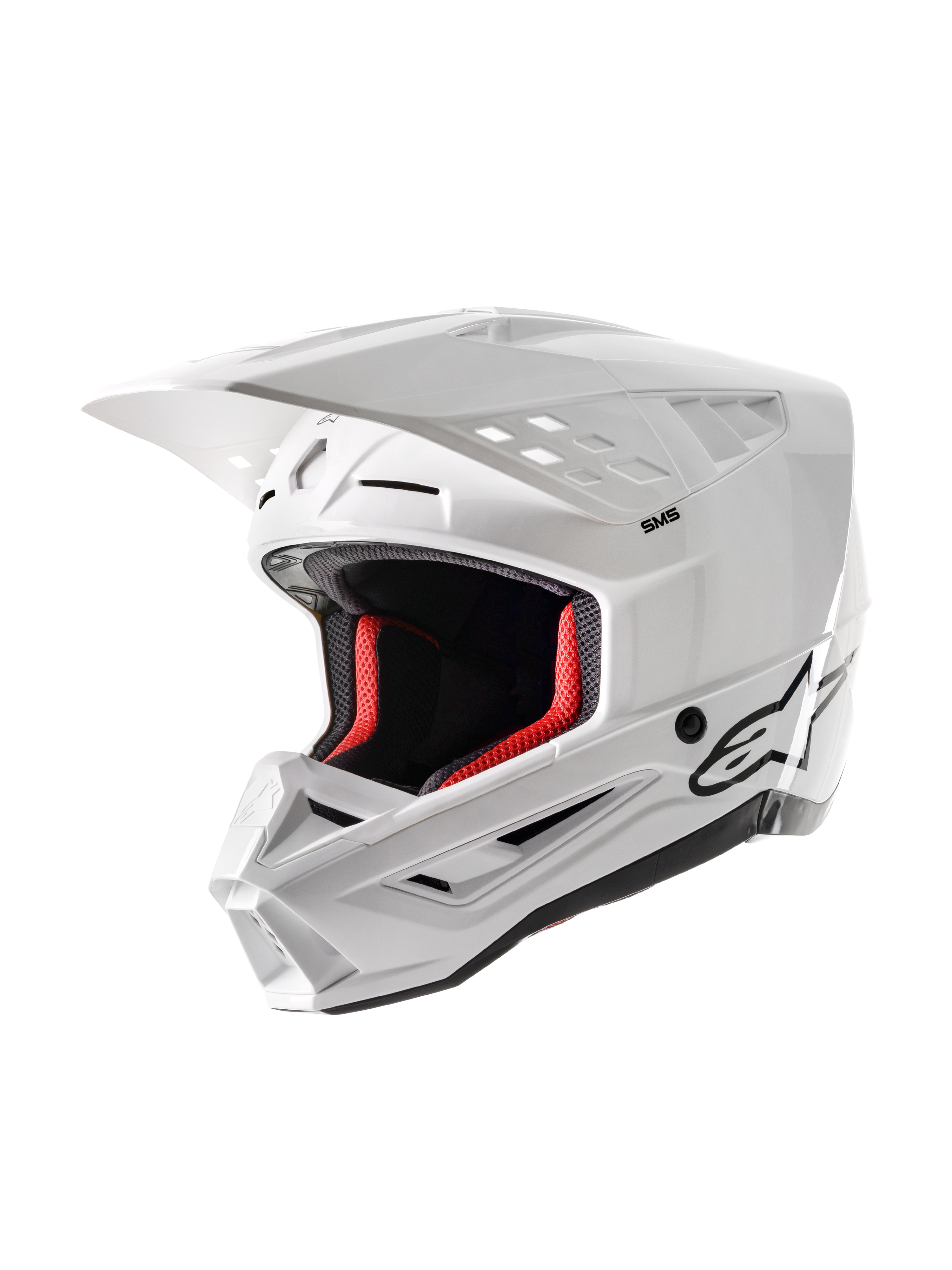 Casque Alpinestars S-M5 Solid ECE 22.06, casque de motocross, blanc brillant, avec rembourrage intérieur rouge, logo Alpinestars noir, visière aérodynamique et multiples ports de ventilation pour une protection optimale en tout-terrain