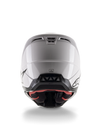 Alpinestars S-M5 Solid Helmet ECE 22.06, casque de motocross, blanc brillant, vue arrière présentant des évents d'extraction aérodynamiques et une bordure inférieure noire avec logos, équipement de protection élégant pour la course tout-terrain