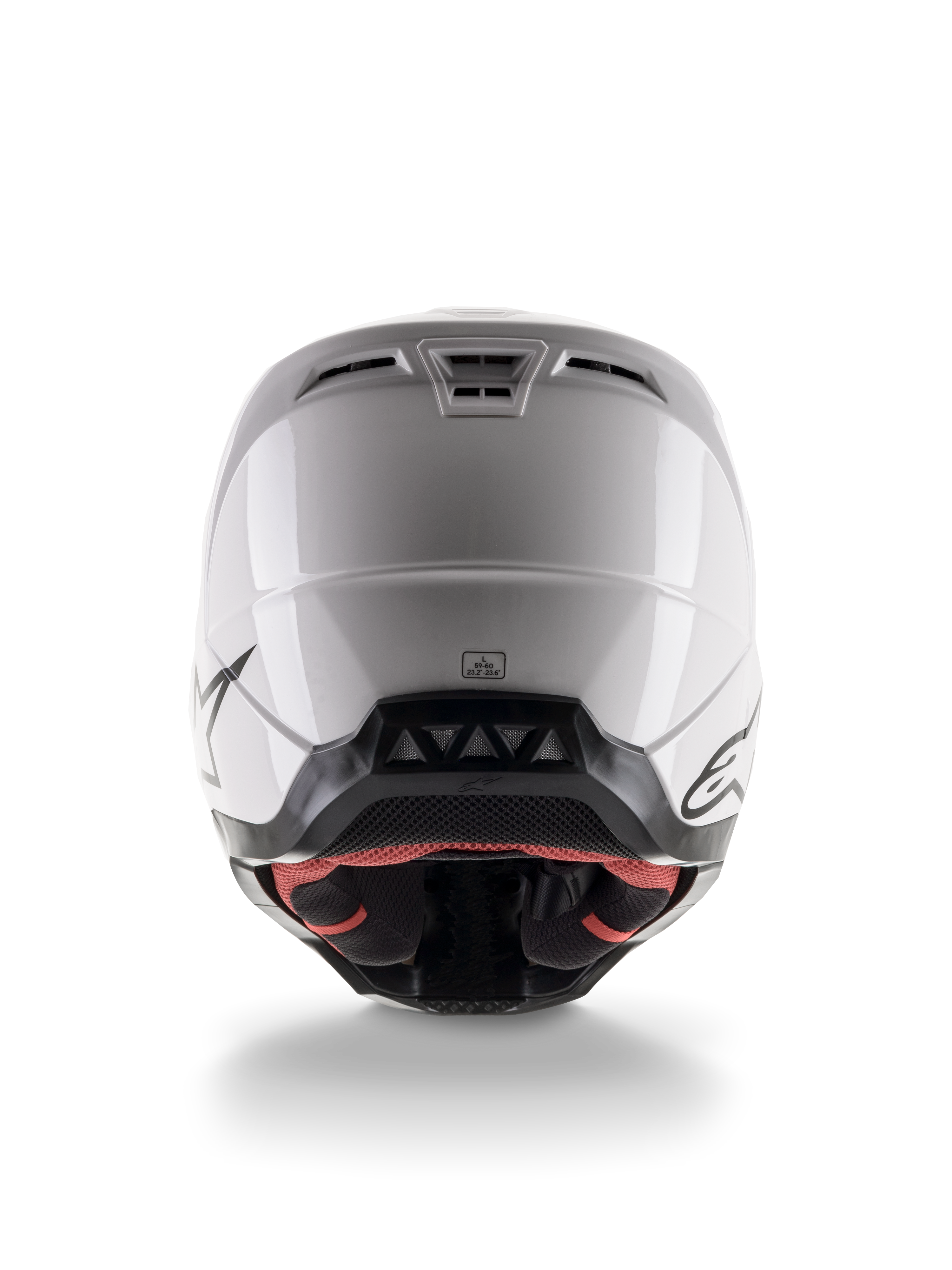 Alpinestars S-M5 Solid Helmet ECE 22.06, casque de motocross, blanc brillant, vue arrière présentant des évents d'extraction aérodynamiques et une bordure inférieure noire avec logos, équipement de protection élégant pour la course tout-terrain