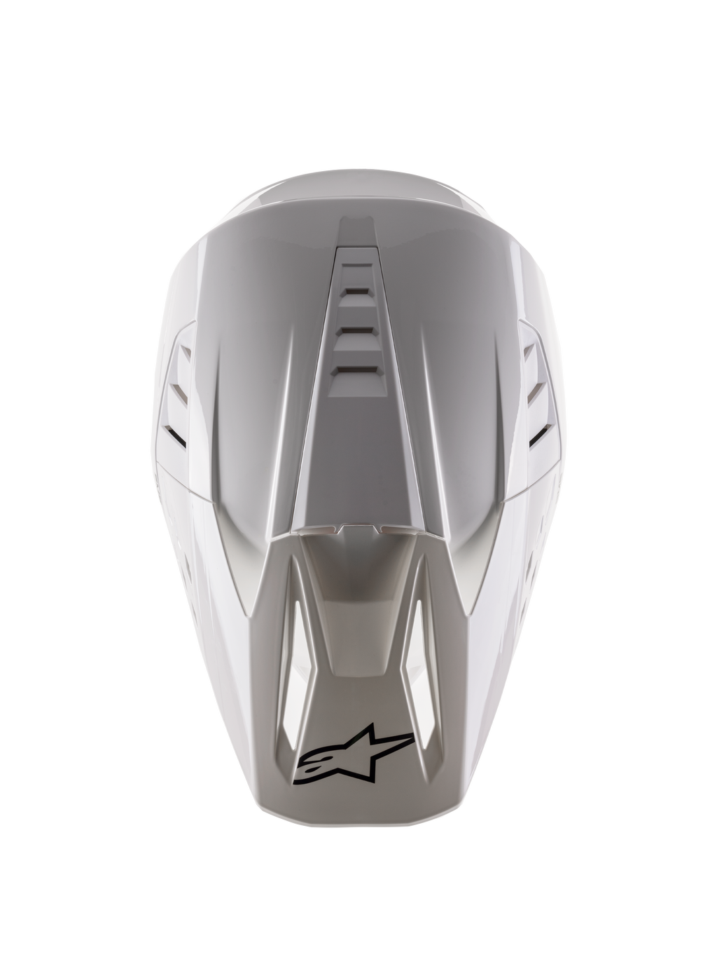 Alpinestars S-M5 Solid Helmet ECE 22.06, casque de motocross, blanc brillant, vue de dessus montrant les aérations supérieures et le logo noir sur l'extrémité de la visière