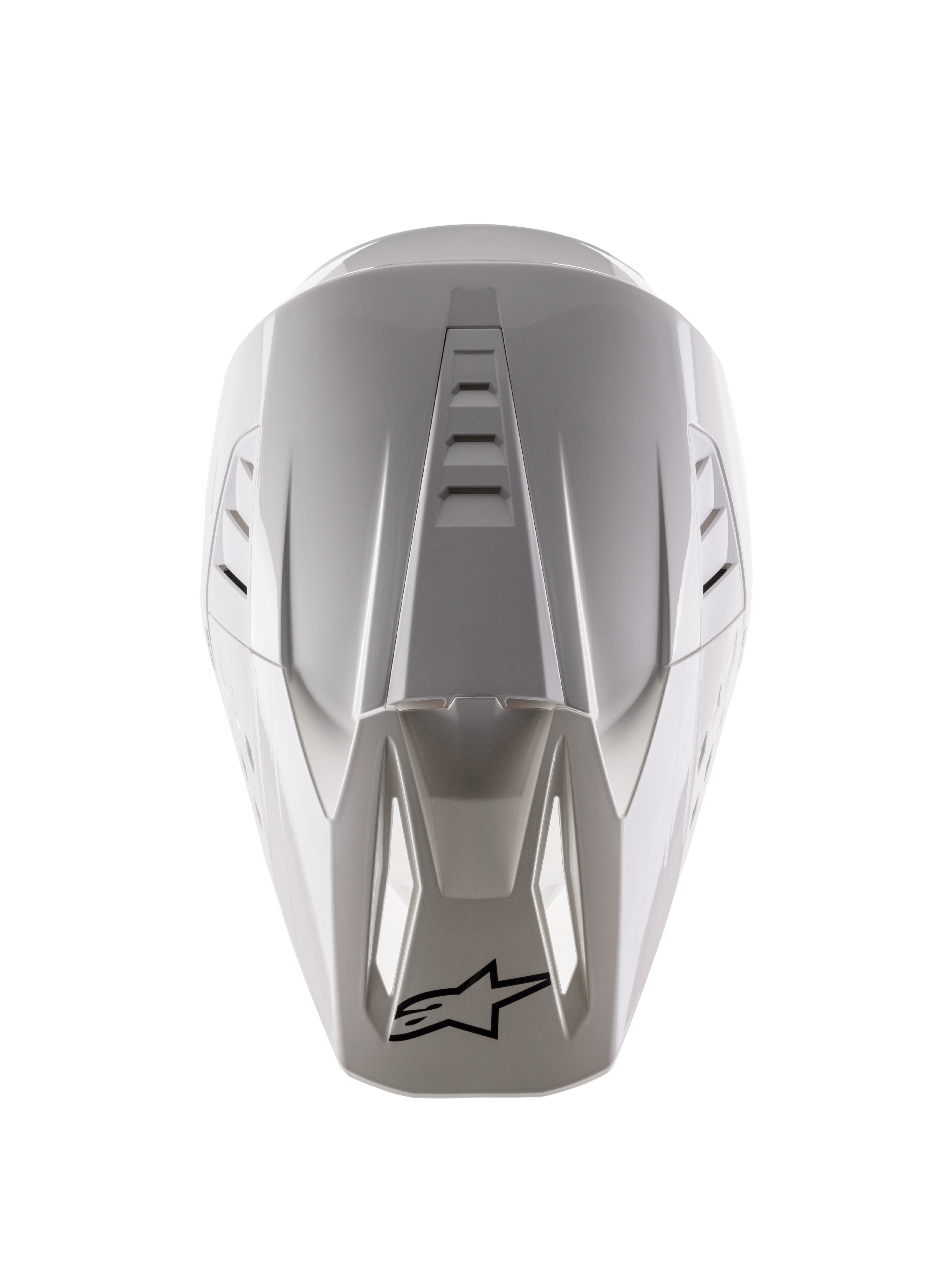Alpinestars S-M5 Solid Helmet ECE 22.06, casque de motocross, blanc brillant, vue de dessus montrant les aérations supérieures et le logo noir sur l'extrémité de la visière