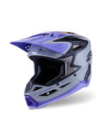 Alpinestars S-M3 Jettson Youth Helmet ECE 22.06, Motocross Helmet, Gray Purple and Black Glossy, featuring a purple visor and chin bar, aerodynamic shell with mesh ventilation ports, bold graphics for youth off-road racing