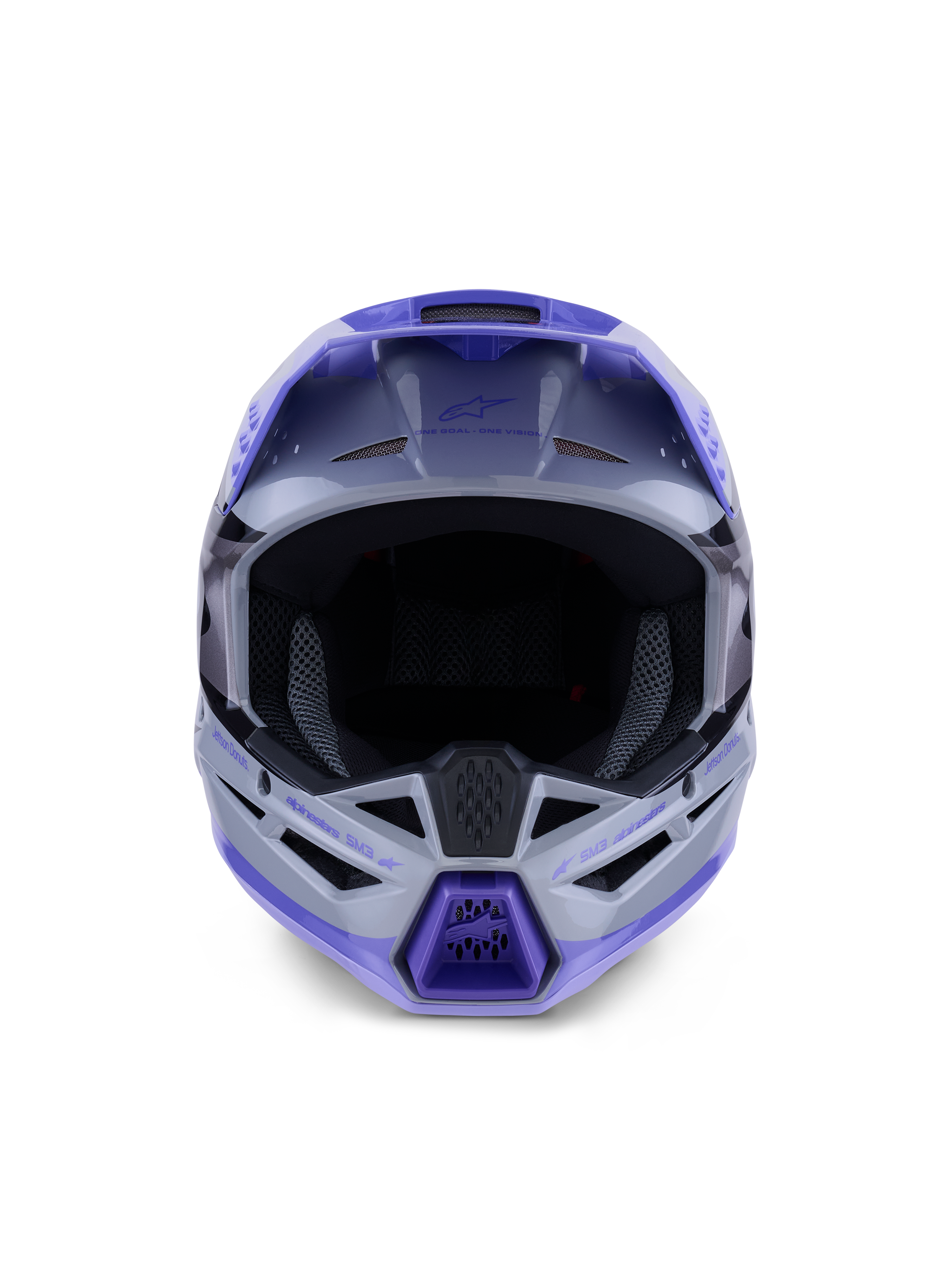 Alpinestars S-M3 Jettson Youth Helmet, Motocross Helmet, Gray Purple and Black Glossy finish, front view showing large eye port for goggles and ventilated chin guard, professional off-road head protection.