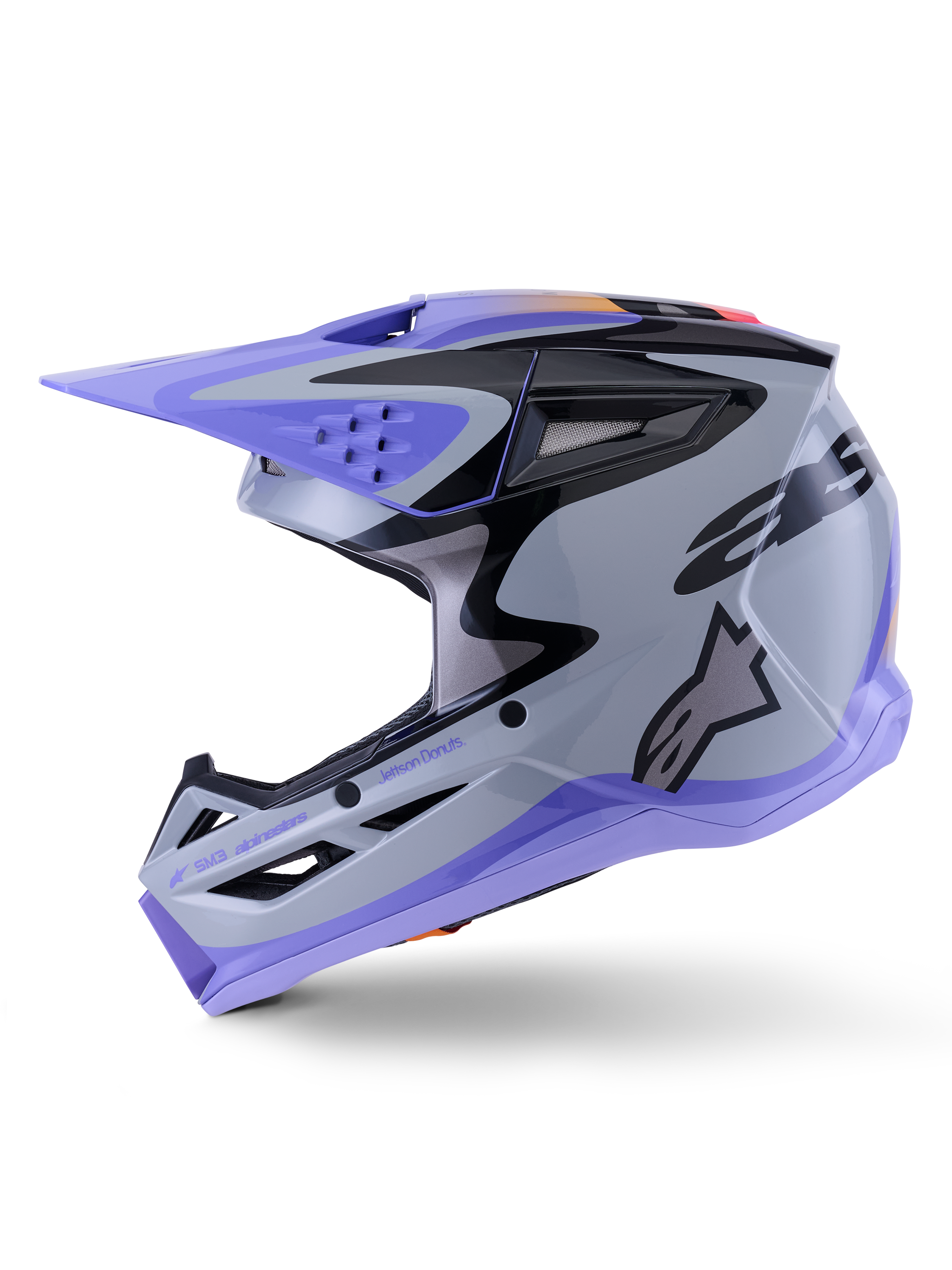 Alpinestars S-M3 Jettson Helmet, Motocross Helmet, Gray Purple and Black Glossy, side profile view with sleek graphics and adjustable visor, featuring multiple ventilation ports and Alpinestars branding, high-performance off-road protection