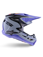 Alpinestars S-M3 Jettson Youth Helmet, Motocross Helmet, Gray Purple and Black Glossy, side profile featuring sharp angular graphics and 'Jettson Donuts' branding, aerodynamic shell design with ventilation ports and Alpinestars logo, high-performance youth off-road protective gear