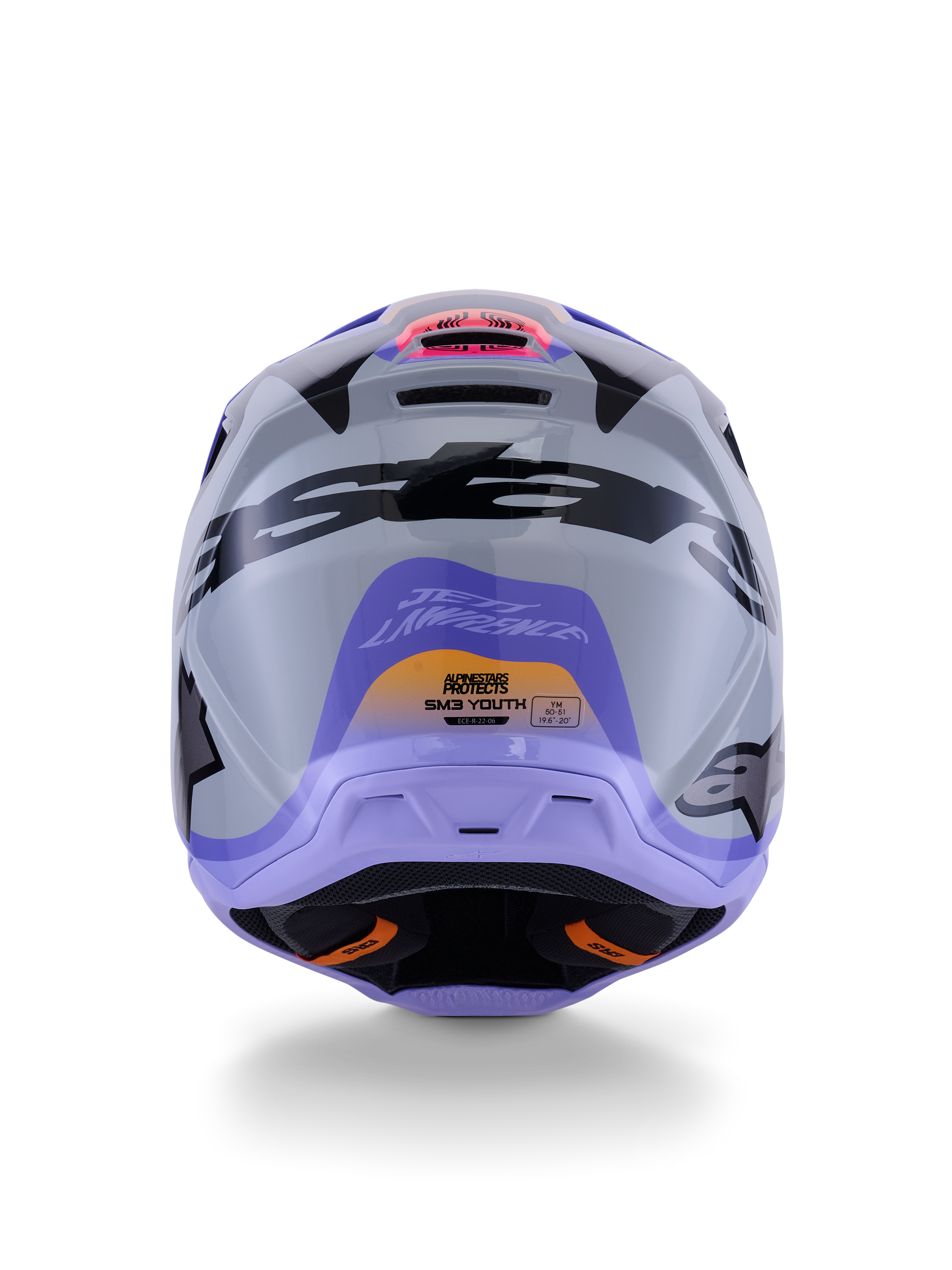 Alpinestars S-M3 Jettson Youth Helmet ECE 22.06, Motocross Helmet, Rear view in Gray Purple and Black Glossy, featuring Jett Lawrence signature graphic, bold black branding, and ventilation ports, glossy finish for off-road racing