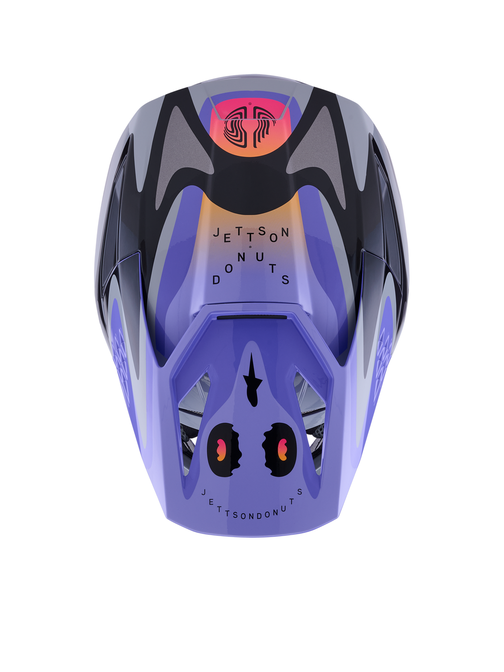 Alpinestars S-M3 Jettson Youth Helmet, Motocross Helmet, Gray Purple and Black Glossy, top view featuring 'Jettson Donuts' graphic patterns on a lavender base, black and gray accents, and protective visor peak