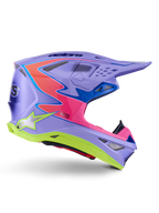 Alpinestars Supertech M10 Jett Lawrence R01 Helmet, Motocross Helmet, Purple with Pink and Fluorescent Yellow accents, side profile showing the aerodynamic carbon shell, multiple ventilation ports, and bold Alpinestars branding for off-road performance