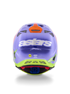 Alpinestars Supertech M10 Jett Lawrence R01 Helmet, Motocross Helmet, Purple Pink and Fluorescent Yellow, rear view featuring bold white astars logo, Jett Lawrence signature, and multiple ventilation ports, sleek aerodynamic design for off-road racing
