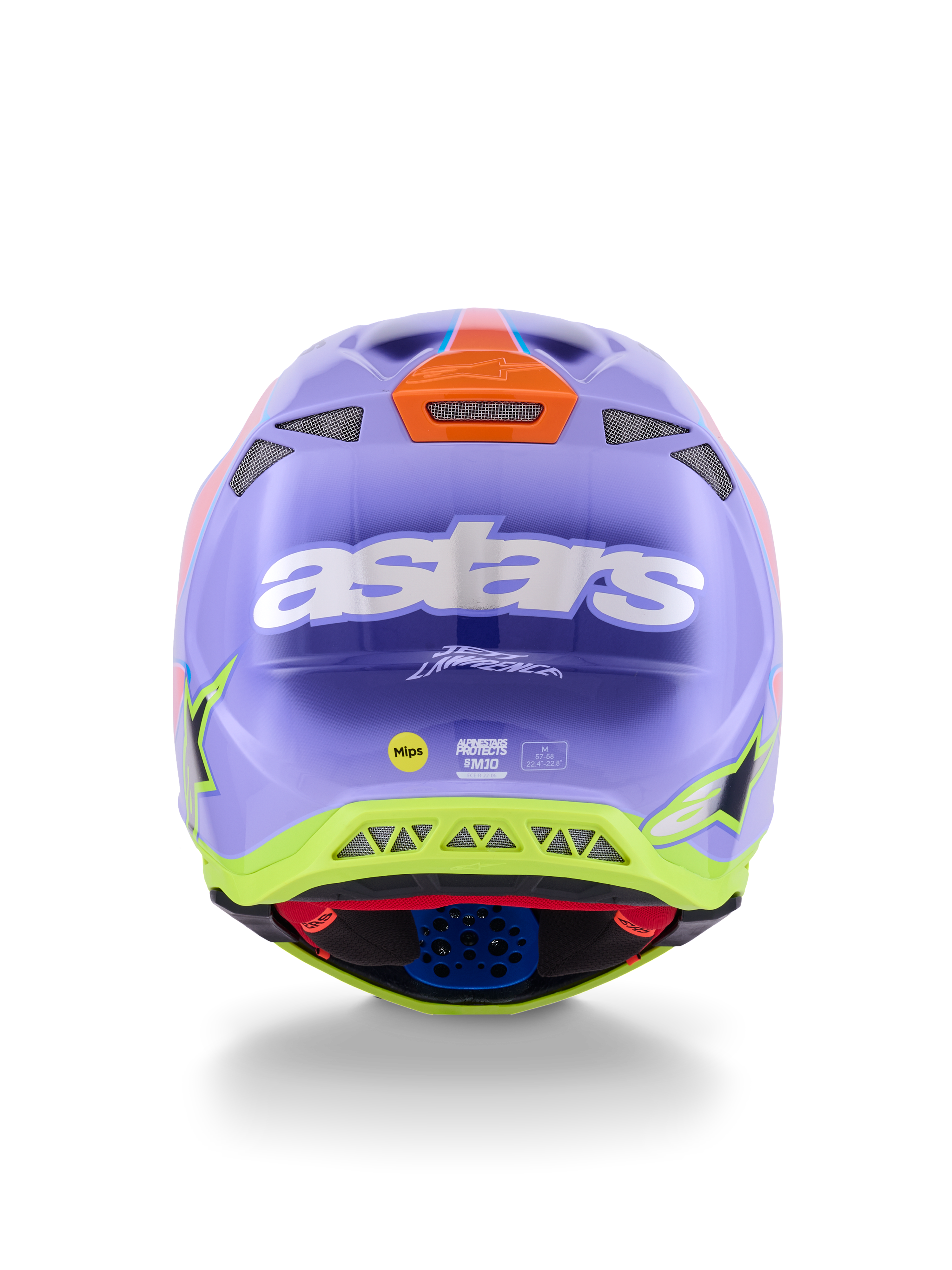 Alpinestars Supertech M10 Jett Lawrence R01 Helmet, Motocross Helmet, Purple Pink and Fluorescent Yellow, rear view featuring bold white astars logo, Jett Lawrence signature, and multiple ventilation ports, sleek aerodynamic design for off-road racing