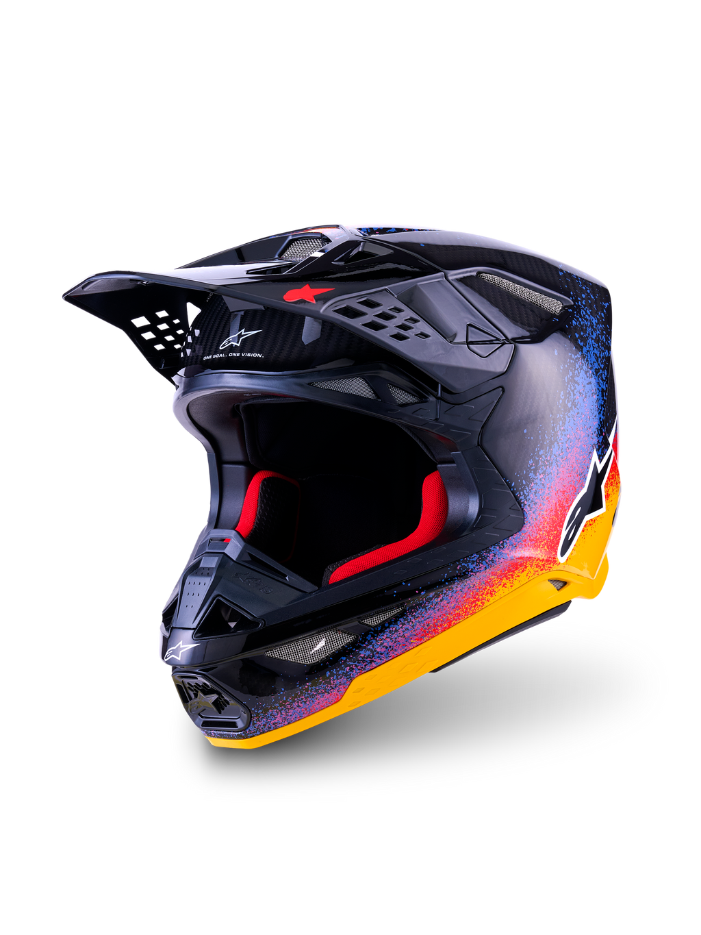 Alpinestars Limited Edition Supertech M10 Black Hole Helmet, Motocross Helmet, Black Burst Glossy with vibrant yellow, orange, and blue splatter pattern, visible carbon fiber on visor, red interior padding, bold Alpinestars branding, professional off-road safety equipment