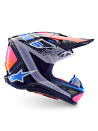 Alpinestars Limited Edition Supertech M10 Records Helmet, Motocross Helmet, Multicolor Glossy, featuring a navy blue base with vibrant pink, orange, and light blue Records graphics, side profile view showing the aerodynamic shell, visor, and ventilation ports.