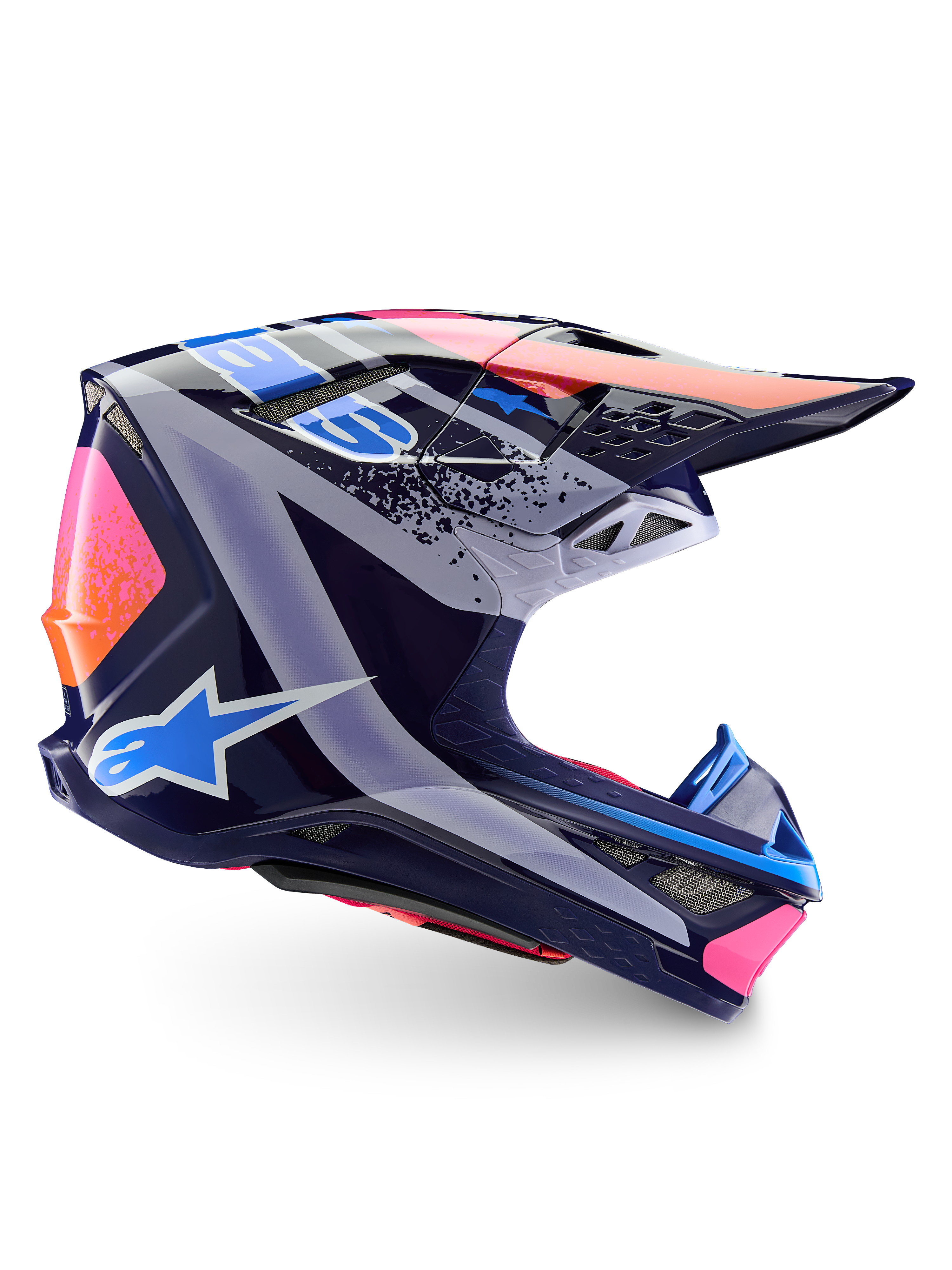 Alpinestars Limited Edition Supertech M10 Records Helmet, Motocross Helmet, Multicolor Glossy, featuring a navy blue base with vibrant pink, orange, and light blue Records graphics, side profile view showing the aerodynamic shell, visor, and ventilation ports.