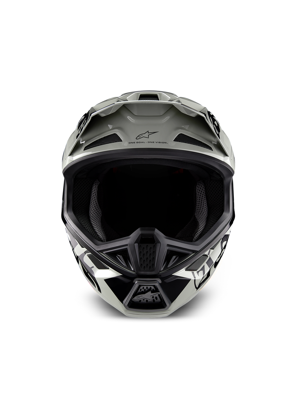 Alpinestars Limited Edition S-M7 Wolf Dust Helmet, Motocross Helmet, Dune Black Glossy with white and black graphics, front view showing the wide eye port and multiple ventilation intake ports, aerodynamic visor with Alpinestars logo and 'One Goal One Vision' text, specialized off-road racing head protection