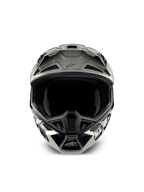 Alpinestars Limited Edition S-M7 Wolf Dust Helmet, Motocross Helmet, Dune Black Glossy with white and black graphics, front view showing the wide eye port and multiple ventilation intake ports, aerodynamic visor with Alpinestars logo and 'One Goal One Vision' text, specialized off-road racing head protection