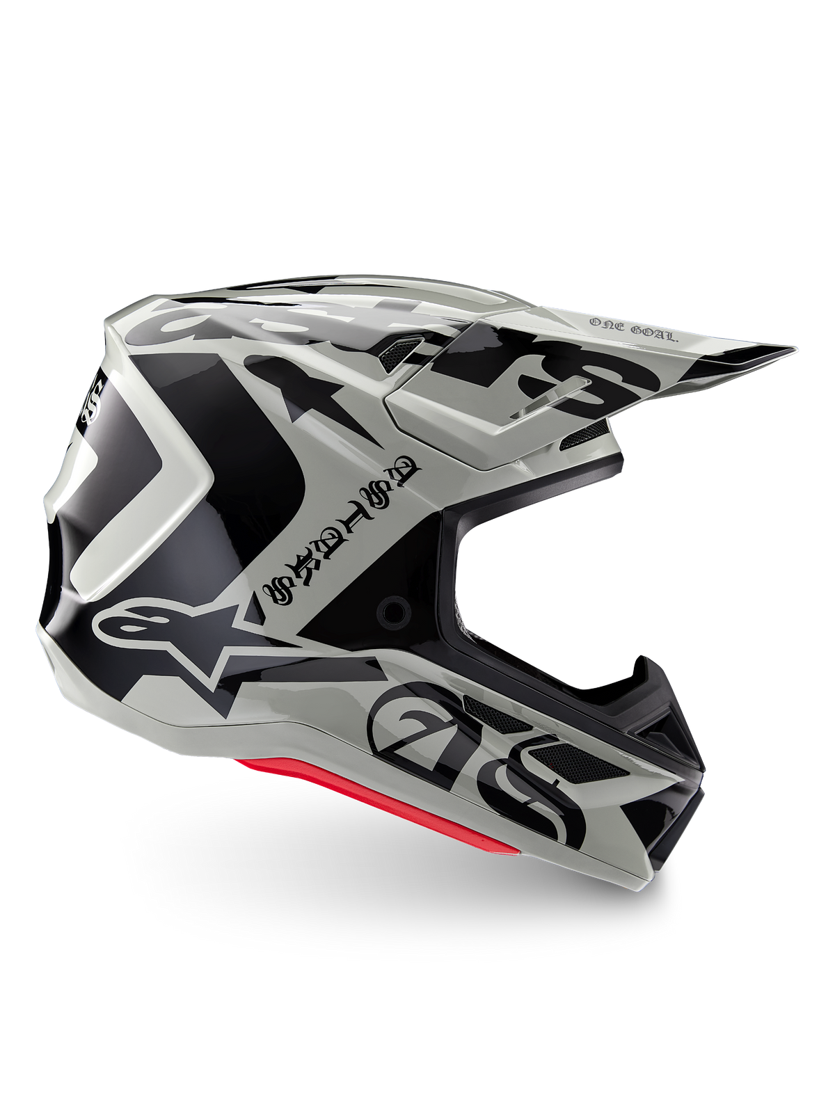 Casque Alpinestars S-M7 Wolf Dust Édition Limitée, casque de motocross Dune Black Glossy, profil latéral avec graphismes noirs audacieux et logos, accents rouges à la base, protection de tête aérodynamique pour le tout-terrain