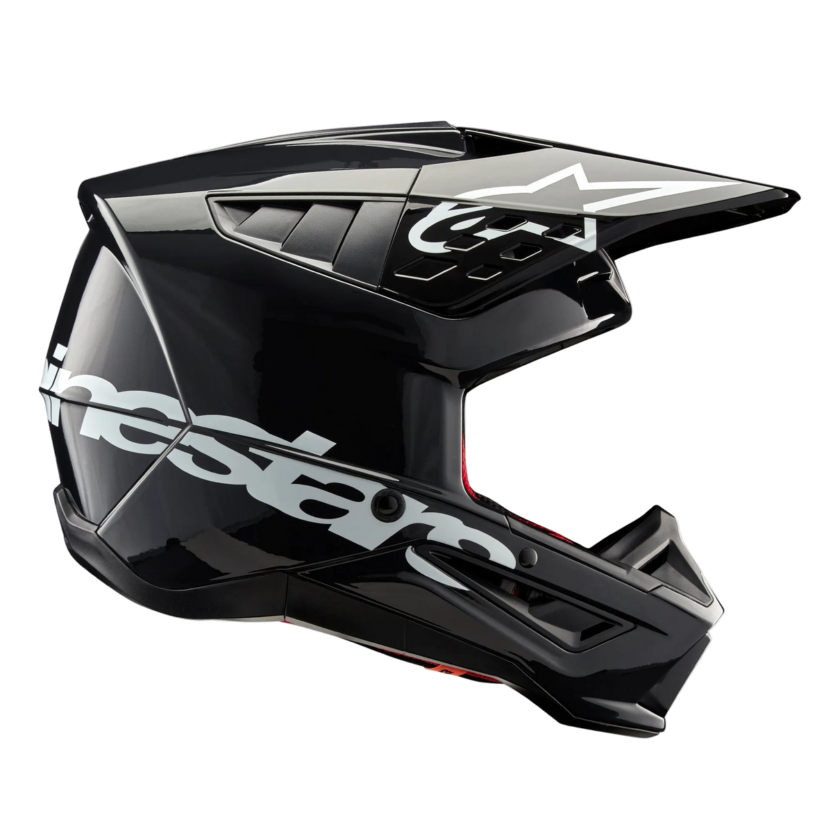Alpinestars S-M5 Corp Helmet, Motocross Helmet, Dark Gray Glossy, side profile view with large white Alpinestars logo, white star logo on the visor, sleek aerodynamic vents, glossy finish, off-road racing protection