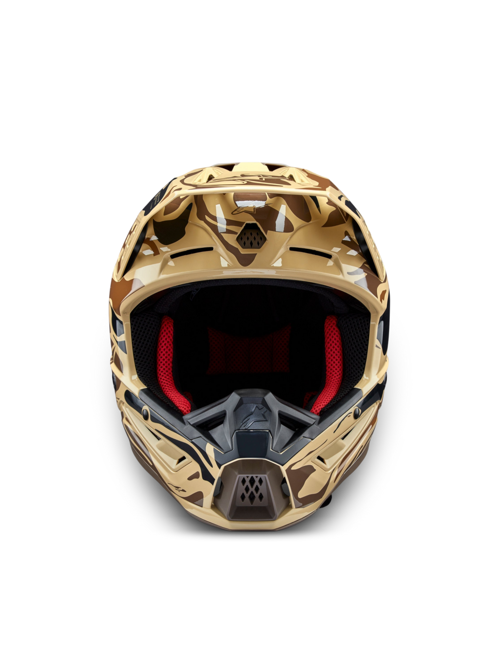 Alpinestars S-M5 Mineral, casque de motocross marron camouflage, certifié ECE 22.06, vue de face avec rembourrage rouge.