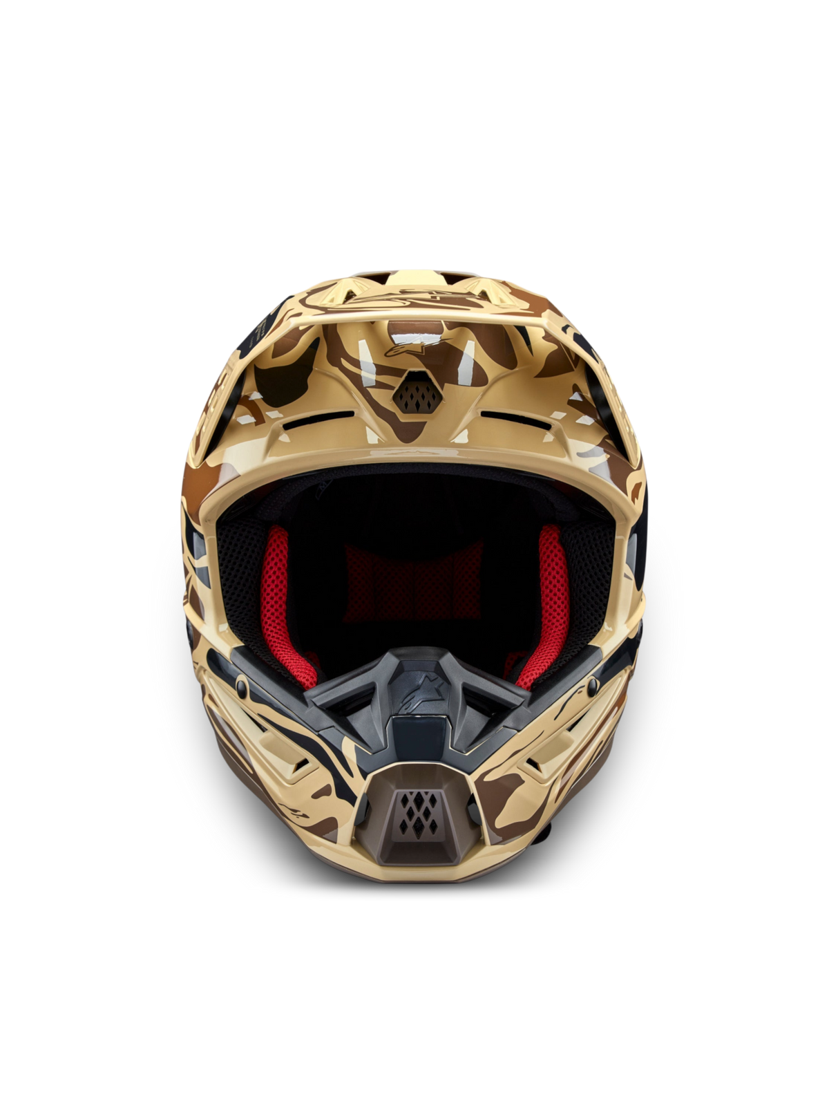 Alpinestars S-M5 Mineral, casque de motocross marron camouflage, certifié ECE 22.06, vue de face avec rembourrage rouge.