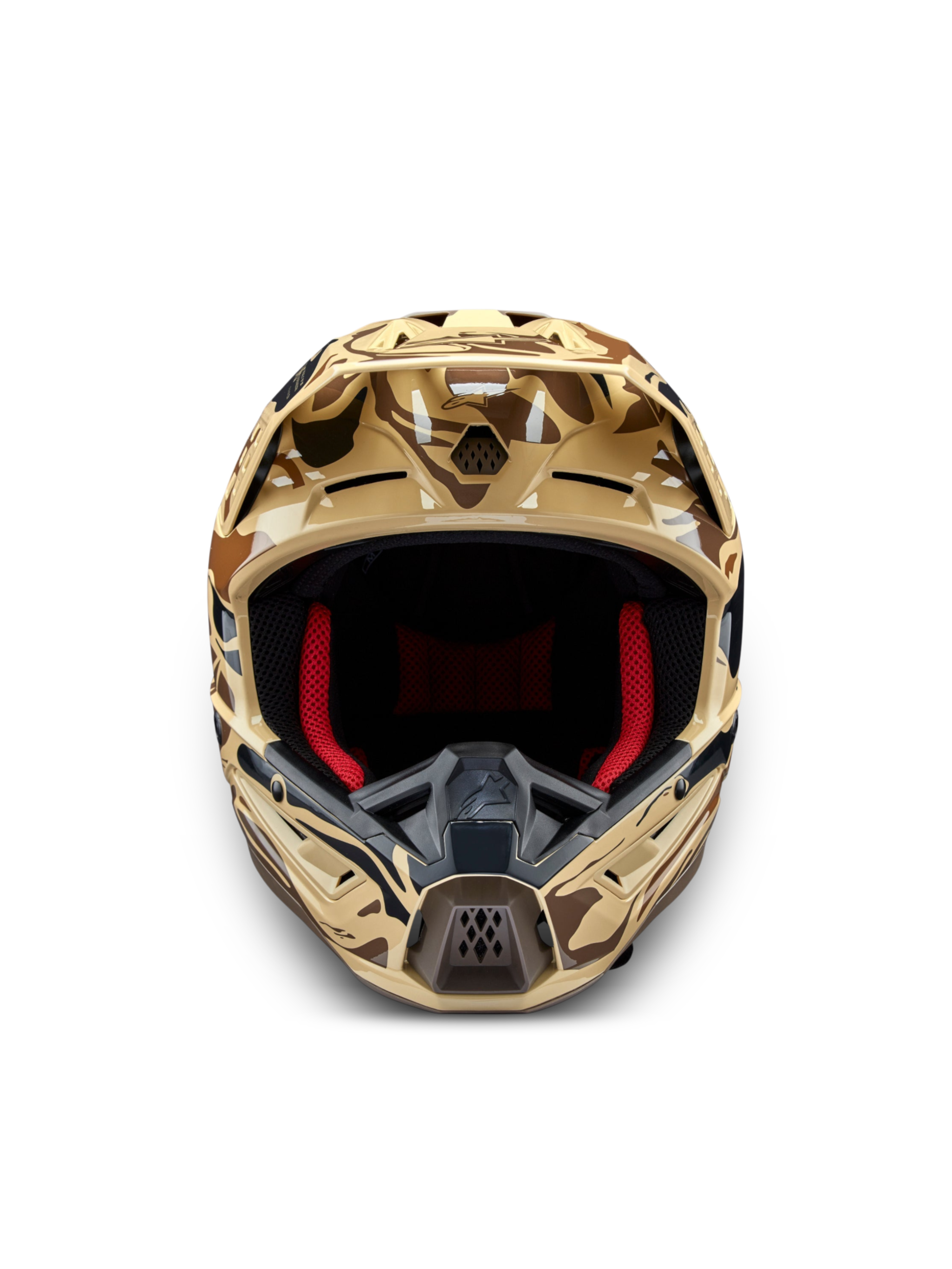 Alpinestars S-M5 Mineral, casque de motocross marron camouflage, certifié ECE 22.06, vue de face avec rembourrage rouge.